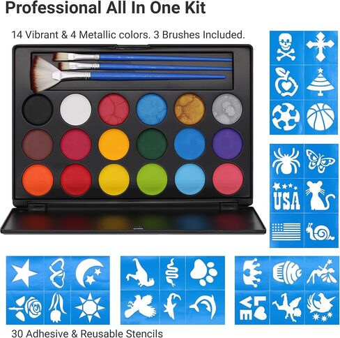 Facepaints Makeup Palette, Facepaint and Body Paint Set, Makeup Kit for Kids Party and Purim Costumes, Make up for Kids and Adults Professional, 18 Colors, 4 Metallic, 3 Brushes 30 Stencils in Kuwait