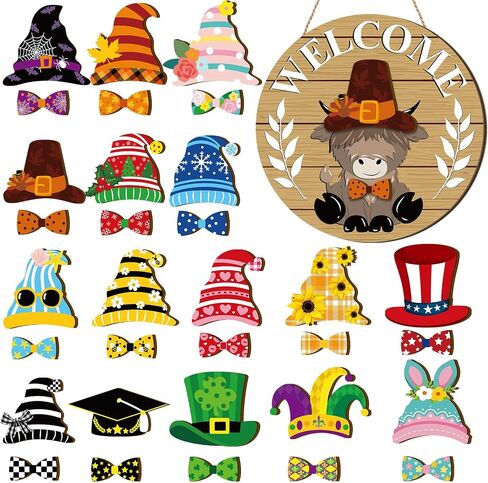 Interchangeable Highlands Cow Welcome Sign Hanging Seasonal Cow Head Wooden Front Door Decor with 16 Interchangeable Gnome Hats 16 Bow Tie for Farmhouse Holiday(Wood Grain) in Saudi Arabia