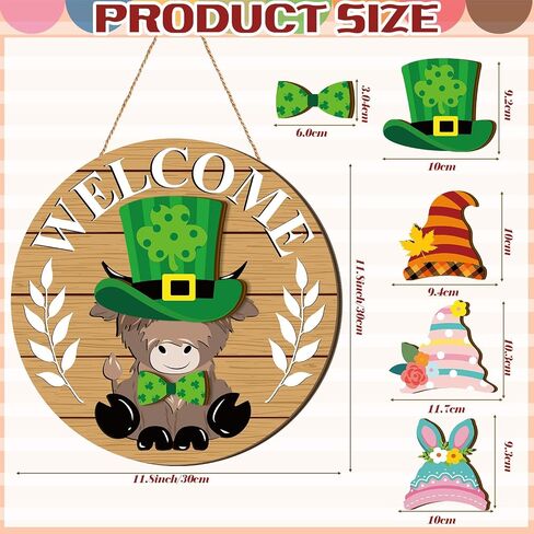 Interchangeable Highlands Cow Welcome Sign Hanging Seasonal Cow Head Wooden Front Door Decor with 16 Interchangeable Gnome Hats 16 Bow Tie for Farmhouse Holiday(Wood Grain) in Saudi Arabia
