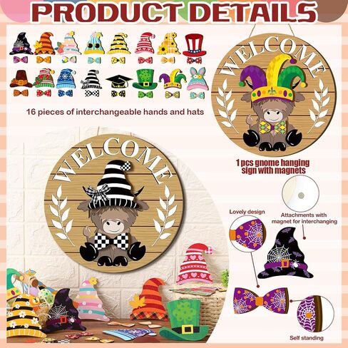 Interchangeable Highlands Cow Welcome Sign Hanging Seasonal Cow Head Wooden Front Door Decor with 16 Interchangeable Gnome Hats 16 Bow Tie for Farmhouse Holiday(Wood Grain) in Saudi Arabia