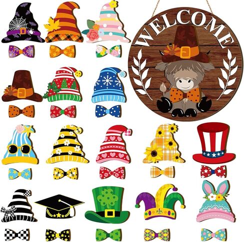 Interchangeable Highlands Cow Welcome Sign Hanging Seasonal Cow Head Wooden Front Door Decor with 16 Interchangeable Gnome Hats 16 Bow Tie for Farmhouse Holiday(Wood Grain) in Saudi Arabia