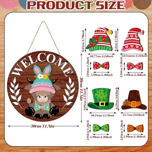 Interchangeable Highlands Cow Welcome Sign Hanging Seasonal Cow Head Wooden Front Door Decor with 16 Interchangeable Gnome Hats 16 Bow Tie for Farmhouse Holiday(Wood Grain) in Saudi Arabia