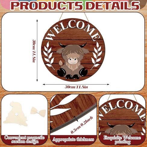 Interchangeable Highlands Cow Welcome Sign Hanging Seasonal Cow Head Wooden Front Door Decor with 16 Interchangeable Gnome Hats 16 Bow Tie for Farmhouse Holiday(Wood Grain) in Saudi Arabia