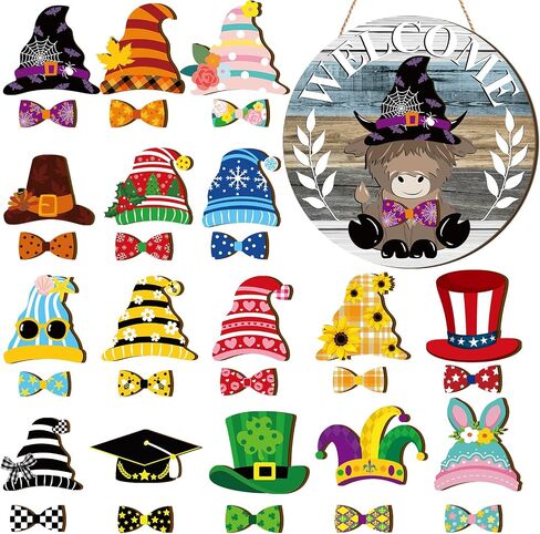 Interchangeable Highlands Cow Welcome Sign Hanging Seasonal Cow Head Wooden Front Door Decor with 16 Interchangeable Gnome Hats 16 Bow Tie for Farmhouse Holiday(Wood Grain) in Saudi Arabia