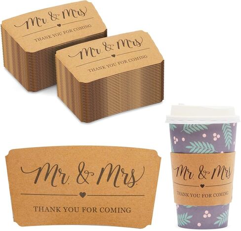 Sparkle and Bash Mr. and Mrs. Drink Sleeves for Coffee Cups, Thank You (4.4 x 2.5 Inches, Kraft Paper, 50 Pack) in Saudi Arabia