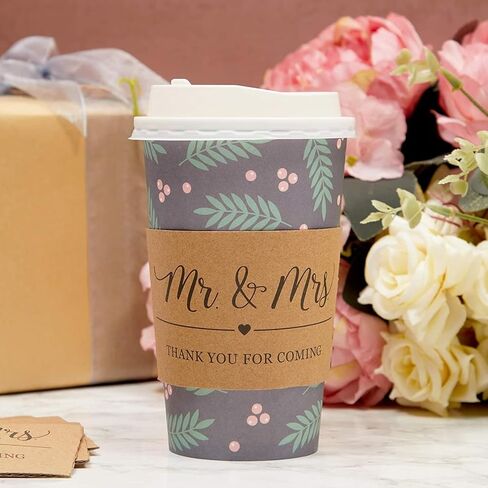 Sparkle and Bash Mr. and Mrs. Drink Sleeves for Coffee Cups, Thank You (4.4 x 2.5 Inches, Kraft Paper, 50 Pack) in Saudi Arabia