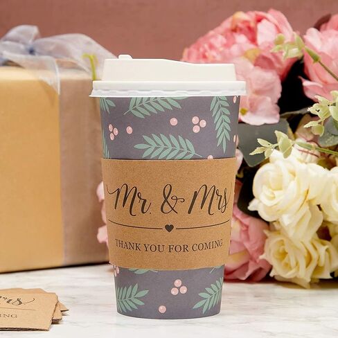 Sparkle and Bash Mr. and Mrs. Drink Sleeves for Coffee Cups, Thank You (4.4 x 2.5 Inches, Kraft Paper, 50 Pack) in Saudi Arabia
