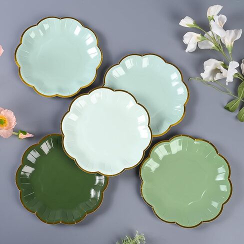 Sage Green Party Plates Gradient Green Dessert Paper Plates 7inch Gold Foil Scalloped Edge Disposable Cake Plates for Birthday Bridal Baby Shower Wedding Party Supplies (48, Sage Green) in Saudi Arabia