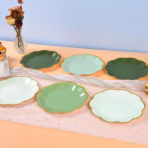 Sage Green Party Plates Gradient Green Dessert Paper Plates 7inch Gold Foil Scalloped Edge Disposable Cake Plates for Birthday Bridal Baby Shower Wedding Party Supplies (48, Sage Green) in Saudi Arabia