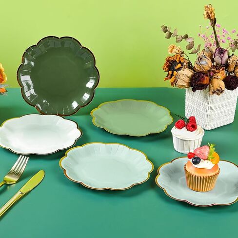 Sage Green Party Plates Gradient Green Dessert Paper Plates 7inch Gold Foil Scalloped Edge Disposable Cake Plates for Birthday Bridal Baby Shower Wedding Party Supplies (48, Sage Green) in Saudi Arabia