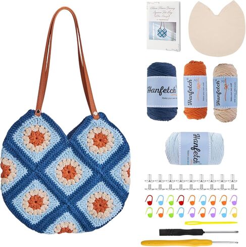 مجموعة Hanfetch Crochet للمبتدئين المتقدمين أو المتوسطين، فيديو تعليمي خطوة بخطوة ودليل تفصيلي لتعليمات لوازم الأعمال اليدوية للبالغين والأطفال مع مجموعة كاملة لحقيبة الجدة المربعة in Kuwait