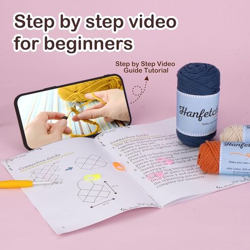 مجموعة Hanfetch Crochet للمبتدئين المتقدمين أو المتوسطين، فيديو تعليمي خطوة بخطوة ودليل تفصيلي لتعليمات لوازم الأعمال اليدوية للبالغين والأطفال مع مجموعة كاملة لحقيبة الجدة المربعة in Kuwait