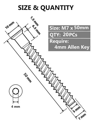 Confirmat Screws, 20 PCS M7 x 50mm, Hex Socket Drive Countersunk Self-Tapping Furniture Connecting Screw Set Carbon Steel Zinc Plated in Saudi Arabia
