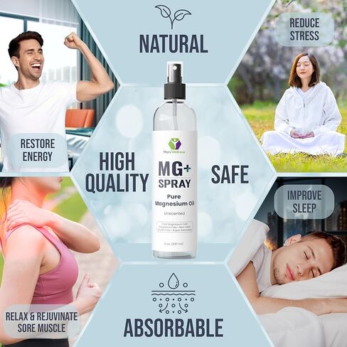 Mars Wellness MG+ بخاخ زيت المغنيسيوم النقي - 8 أونصة رذاذ مغنيسيوم موضعي للاسترخاء وتجديد شباب العضلات، صنع في الولايات المتحدة الأمريكية - تعقيم المغنيسيوم in Kuwait