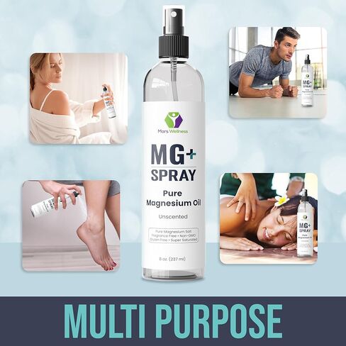 Mars Wellness MG+ بخاخ زيت المغنيسيوم النقي - 8 أونصة رذاذ مغنيسيوم موضعي للاسترخاء وتجديد شباب العضلات، صنع في الولايات المتحدة الأمريكية - تعقيم المغنيسيوم in Kuwait