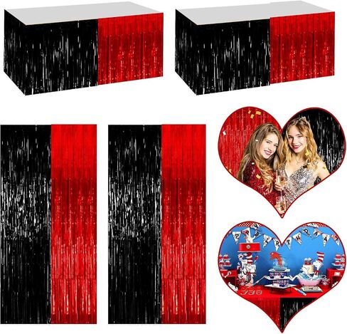 4P Metallic Foil Fringe Tinsel Table Skirts for Rectangle Tables Backdrop Banner Streamer Garland Curtains for Parade Floats Wedding Graduation Anniversary Birthday Parties Decoration(Red Silver) in Saudi Arabia