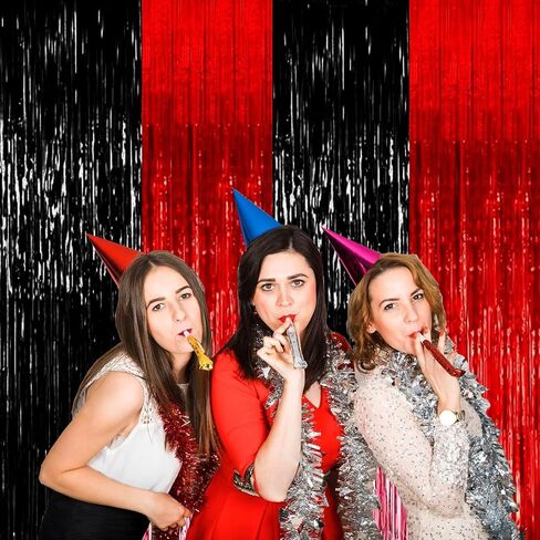 4P Metallic Foil Fringe Tinsel Table Skirts for Rectangle Tables Backdrop Banner Streamer Garland Curtains for Parade Floats Wedding Graduation Anniversary Birthday Parties Decoration(Red Silver) in Saudi Arabia