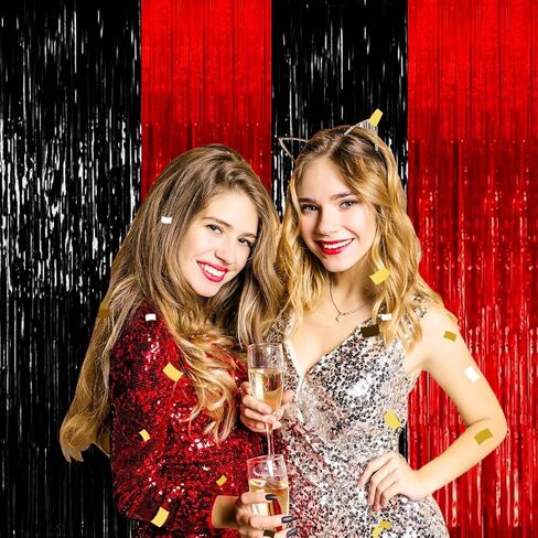 4P Metallic Foil Fringe Tinsel Table Skirts for Rectangle Tables Backdrop Banner Streamer Garland Curtains for Parade Floats Wedding Graduation Anniversary Birthday Parties Decoration(Red Silver) in Saudi Arabia