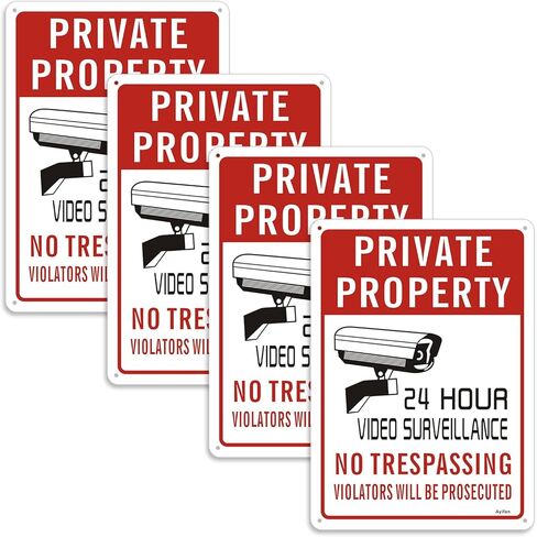 4-Pack 24hour Video Surveillance Sign No Trespassing Signs Private Property Outdoor 10" x 7" Reflective Aluminum Metal Warning Sign Security Camera Sign for Home Business Driveway Alert CCTV Lawn in Saudi Arabia