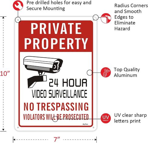 4-Pack 24hour Video Surveillance Sign No Trespassing Signs Private Property Outdoor 10" x 7" Reflective Aluminum Metal Warning Sign Security Camera Sign for Home Business Driveway Alert CCTV Lawn in Saudi Arabia