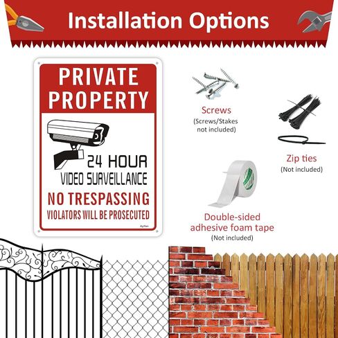 4-Pack 24hour Video Surveillance Sign No Trespassing Signs Private Property Outdoor 10" x 7" Reflective Aluminum Metal Warning Sign Security Camera Sign for Home Business Driveway Alert CCTV Lawn in Saudi Arabia