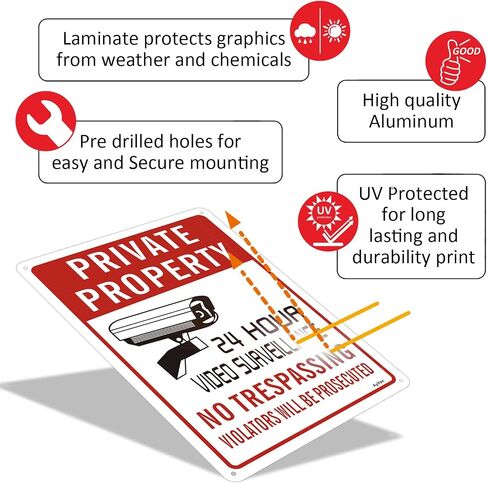 4-Pack 24hour Video Surveillance Sign No Trespassing Signs Private Property Outdoor 10" x 7" Reflective Aluminum Metal Warning Sign Security Camera Sign for Home Business Driveway Alert CCTV Lawn in Saudi Arabia