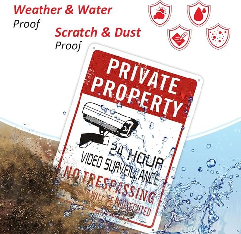 4-Pack 24hour Video Surveillance Sign No Trespassing Signs Private Property Outdoor 10" x 7" Reflective Aluminum Metal Warning Sign Security Camera Sign for Home Business Driveway Alert CCTV Lawn in Saudi Arabia