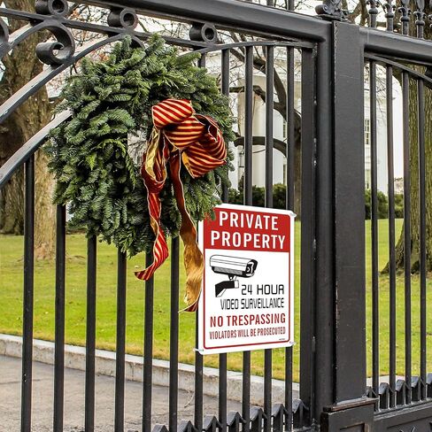 4-Pack 24hour Video Surveillance Sign No Trespassing Signs Private Property Outdoor 10" x 7" Reflective Aluminum Metal Warning Sign Security Camera Sign for Home Business Driveway Alert CCTV Lawn in Saudi Arabia