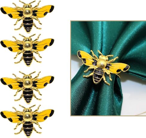 مجموعة حلقات مناديل النحل مكونة من 4 قطع، حوامل مناديل نحل العسل الصفراء، مشبك مناديل معدني ذهبي لتزيين الحفلات، طاولة الطعام، كل يوم، التجمعات العائلية (النحل اثنان) in Kuwait