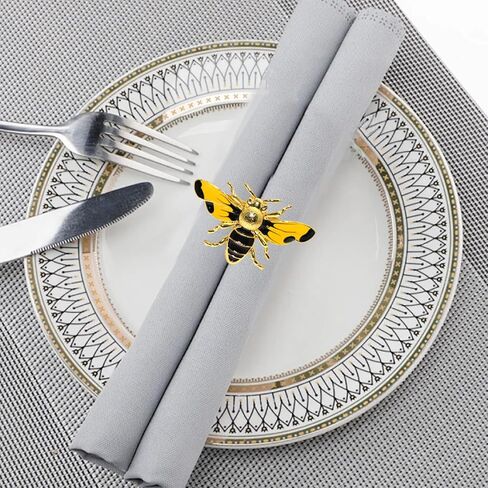 مجموعة حلقات مناديل النحل مكونة من 4 قطع، حوامل مناديل نحل العسل الصفراء، مشبك مناديل معدني ذهبي لتزيين الحفلات، طاولة الطعام، كل يوم، التجمعات العائلية (النحل اثنان) in Kuwait