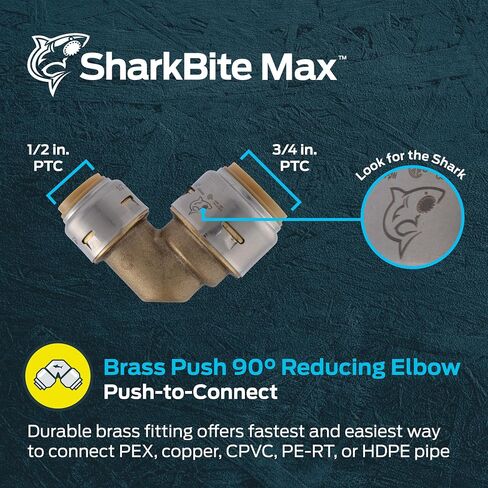 SharkBite Max 3/4 Inch x 1/2 Inch 90 Degree Reducing Elbow, Push to Connect Brass Plumbing Fitting, PEX Pipe, Copper, CPVC, PE-RT, HDPE, UR274A in Saudi Arabia