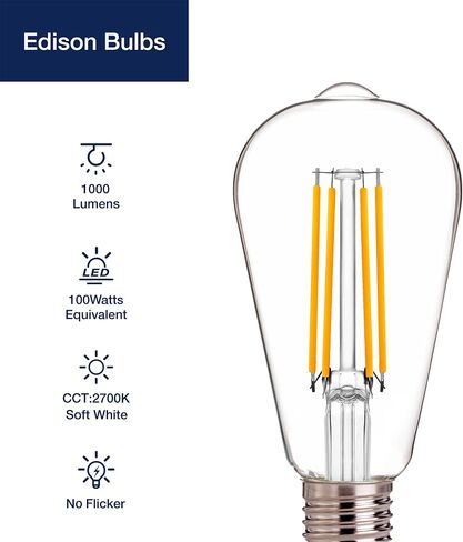 FLSNT 100W Equivalent LED Edison Bulbs, ST19/ST58 Dimmable LED Light Bulbs for Dining Room, Kitchen, High Brightness with 1000LM, 2700K Soft White, 8W, E26 Base, 6 Pack in Saudi Arabia