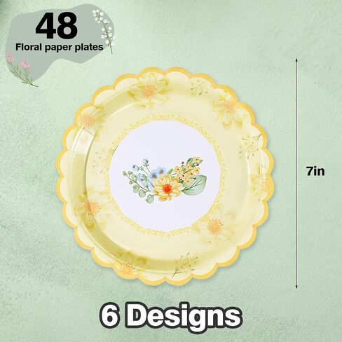 48 PCS Floral Paper Plates for Tea Party Decorations, 7 inch Disposable dessert plates for Bridal Shower, Garden Party, Wedding, Mother's Day Afternoon Tea Party in Kuwait