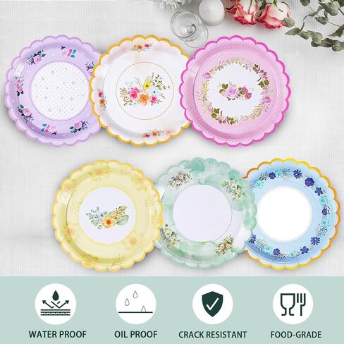 48 PCS Floral Paper Plates for Tea Party Decorations, 7 inch Disposable dessert plates for Bridal Shower, Garden Party, Wedding, Mother's Day Afternoon Tea Party in Kuwait