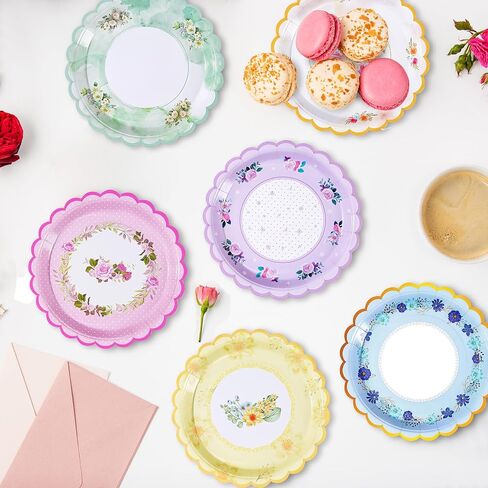 48 PCS Floral Paper Plates for Tea Party Decorations, 7 inch Disposable dessert plates for Bridal Shower, Garden Party, Wedding, Mother's Day Afternoon Tea Party in Kuwait