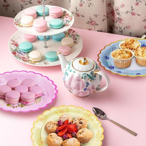 48 PCS Floral Paper Plates for Tea Party Decorations, 7 inch Disposable dessert plates for Bridal Shower, Garden Party, Wedding, Mother's Day Afternoon Tea Party in Kuwait