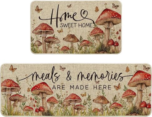 Artoid Mode White Mushrooms Floral Leaves Spring Kitchen Mats Set of 2, Home Decor Low-Profile Kitchen Rugs for Floor - 17x29 and 17x47 Inch in Saudi Arabia