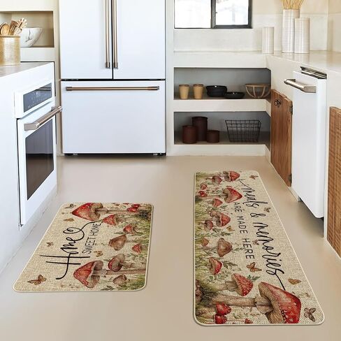 Artoid Mode White Mushrooms Floral Leaves Spring Kitchen Mats Set of 2, Home Decor Low-Profile Kitchen Rugs for Floor - 17x29 and 17x47 Inch in Saudi Arabia