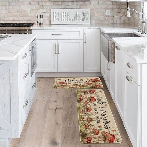 Artoid Mode White Mushrooms Floral Leaves Spring Kitchen Mats Set of 2, Home Decor Low-Profile Kitchen Rugs for Floor - 17x29 and 17x47 Inch in Saudi Arabia