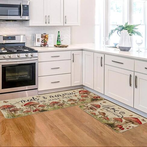 Artoid Mode White Mushrooms Floral Leaves Spring Kitchen Mats Set of 2, Home Decor Low-Profile Kitchen Rugs for Floor - 17x29 and 17x47 Inch in Saudi Arabia