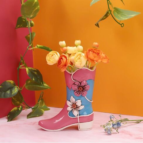 Pink Resin Cowboy Boot Vase, 6x5.5x2.25 inches, Vintage, Drainage Hole, Ideal for Flowers & Decor, Women's Gift, Bedroom & Living Room in Saudi Arabia