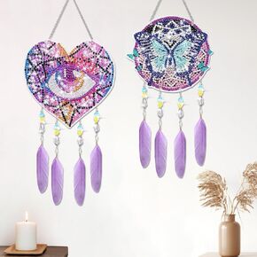 DIY Diamond Painting Dream Catcher, 2 Pieces 5D DIY Point Drill Diamond Painting Wind Chime, Double Sided Painting Ornaments with Feather Pendant for Home Garden Decoration(Rose, Butterfly)