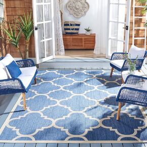 SAFAVIEH Courtyard Collection 5'3" Square Blue/Beige CY6243 Moroccan Trellis Indoor/ Outdoor--Waterproof Easy--Cleaning Patio Backyard Mudroom Area--Rug