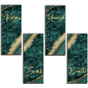 4 Pieces Black And Gold Bathroom Decor Gold Wall Decor with Relax Soak Unwind Breathe Wall Art Rustic Vintage Farmhouse Wooden Hanging Signs for Home Laundry Spa Living Room (Black Gold, 10 x 4 Inch)