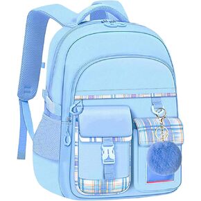 Waterproof School Backpack with Plaid Pouch & Fluffy Keychain for Middle School/College Girls(Light Blue)