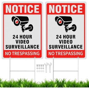 MUXYH "Notice - 24 Hour Video Surveillance, No Trespassing" Sign 2 Pack, 14 x 10 Inches Rust Free Aluminum Warning Signs with H Stake, Waterproof, Easy to Mount, Indoor/Outdoor Use