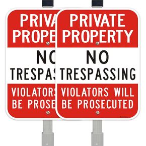Large (2 Pack) No Trespassing Sign Private Property, 10 x 14 Inches Metal Signs Includes 36" Alloy Long Stake for Easy Installation, Rust-Free& Fade Resistant