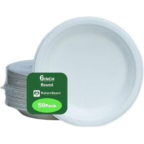 Premium 6 Inch Round White Paper Plates [50-Pack] -100% Compostable & Eco-Friendly Disposable, Heavy Duty, PFAS-Free, Made of Sugarcane Bagasse (6" Round Plates)
