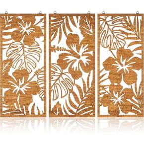 Threehoney 3 Pcs Tropical Wall Decor 3D Wooden Palm Leaf Wall Art Minimalist Monstera Wall Sculptures Wood Hibiscus Flowers Hanging Decor Vintage Plant Plaque for Home Bathroom Office (Floral Style)