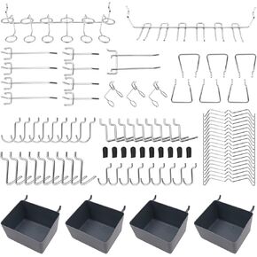 Fits Peg-Board Hooks Set with 4 Bins Total 80pc Great for Organising & Tool Storage Accessories Garage & Kitchen Hooks, Small Business Grocery Store Display